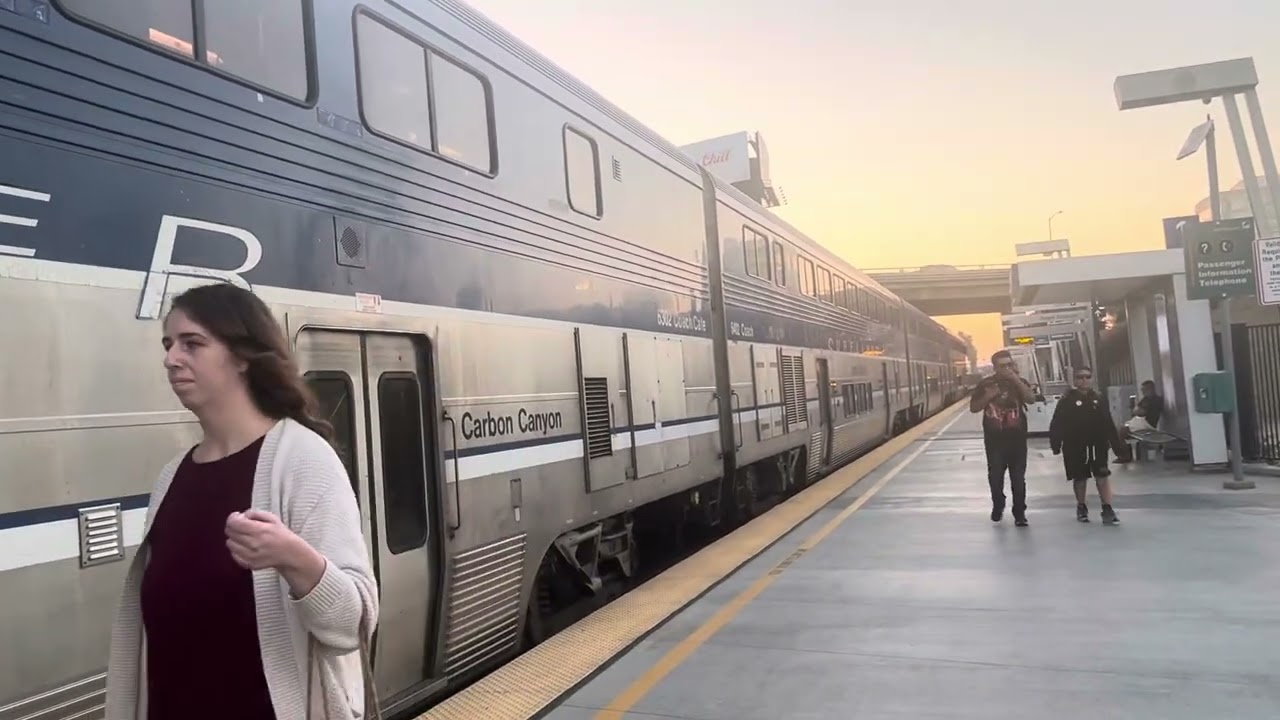 Amtrak 581 meets rare Amtrak 582 with private car in Anaheim train station on 11/9/25
