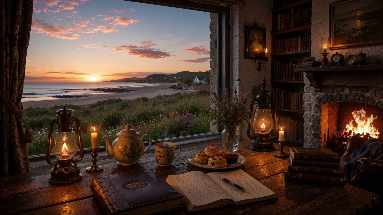 Cozy Scottish Seaside Cottage Ambience: Traditional Celtic Folk Music, Sea & Cracklin Fireplace [3H]
