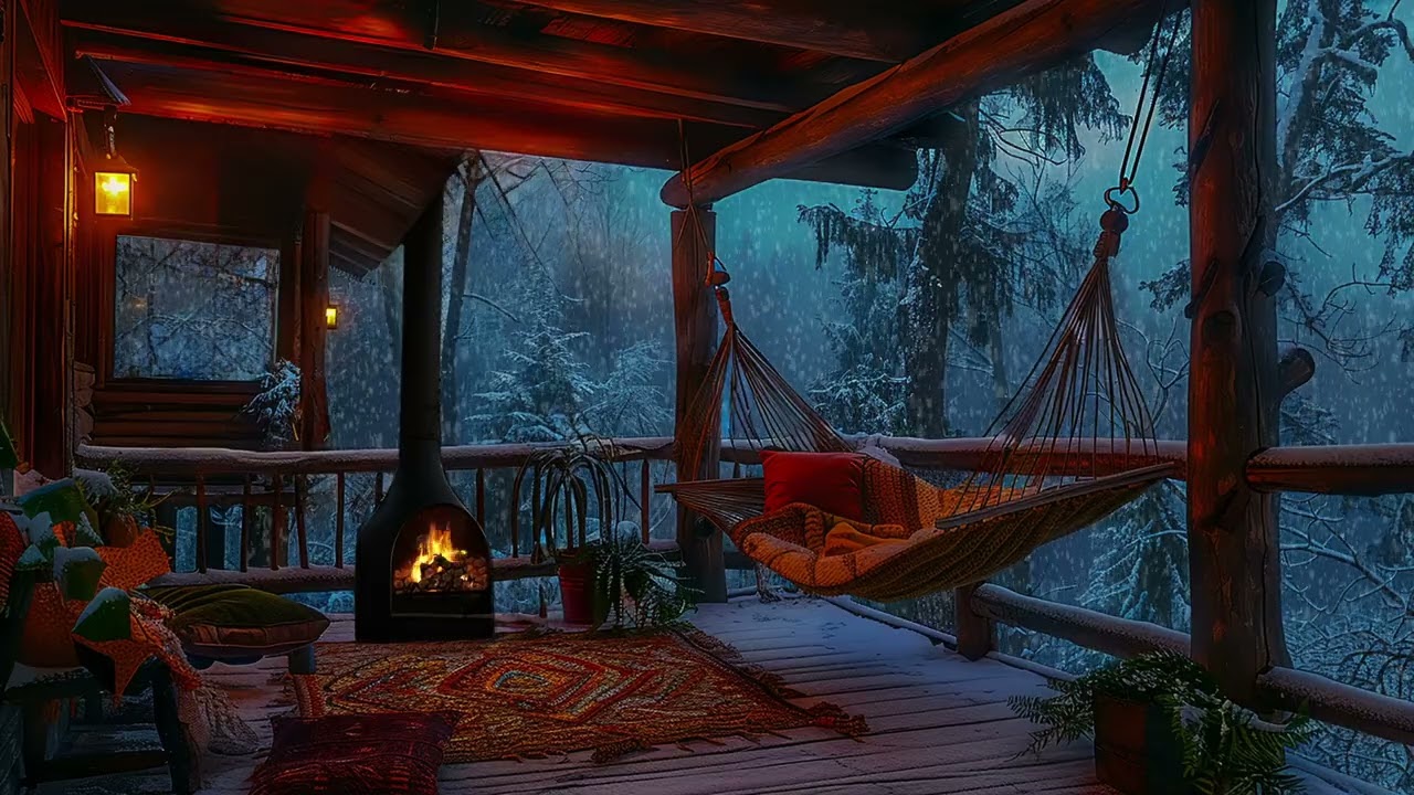 10 Stunden Winterstimmung auf der gem&uuml;tlichen Holzveranda | Der Kamin brennt sanft