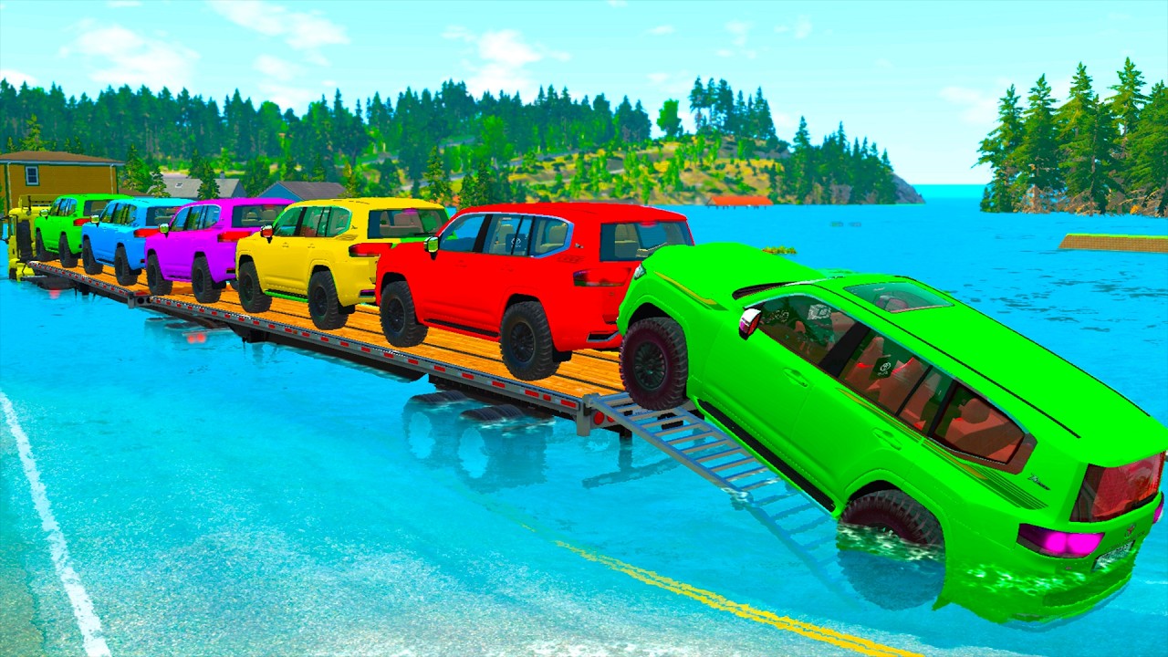 Triple Flatbed Trailer McQueen Transportation with Truck - Speedbumps vs Cars vs Train - BeamNG #91