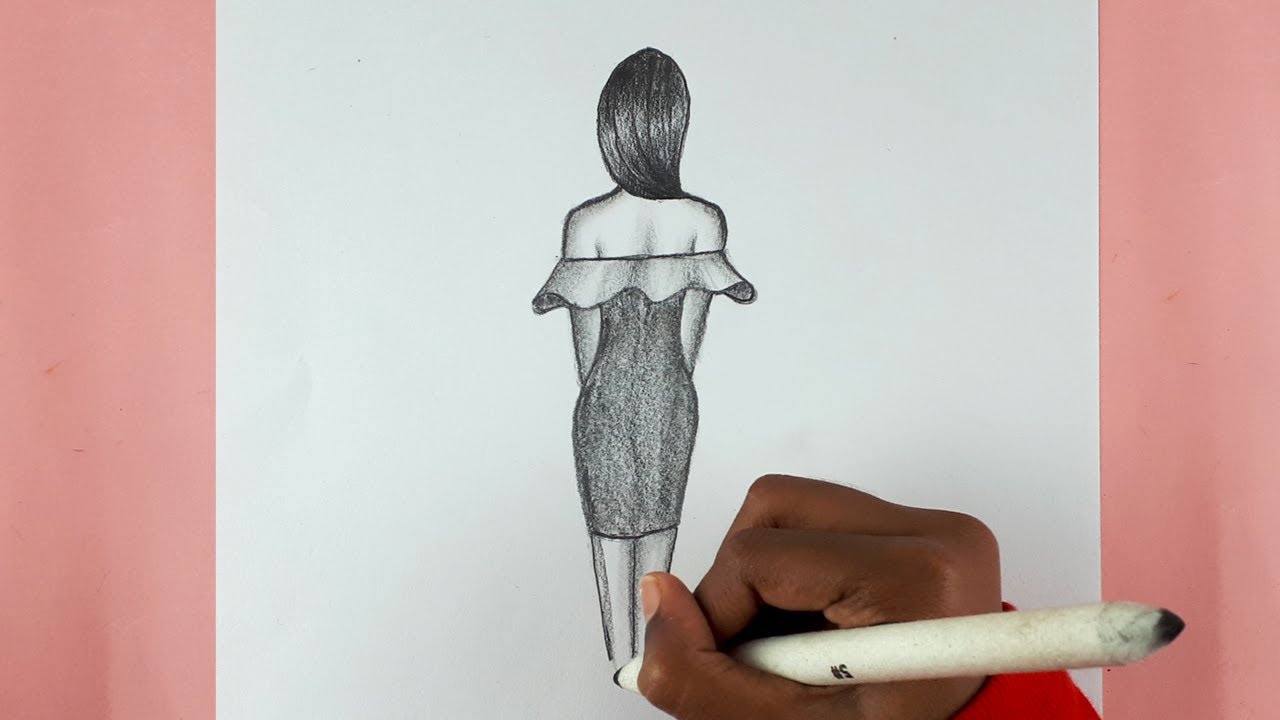 How to draw a girl with beautiful dress || Easy girl backside drawing || Pencil Sketch