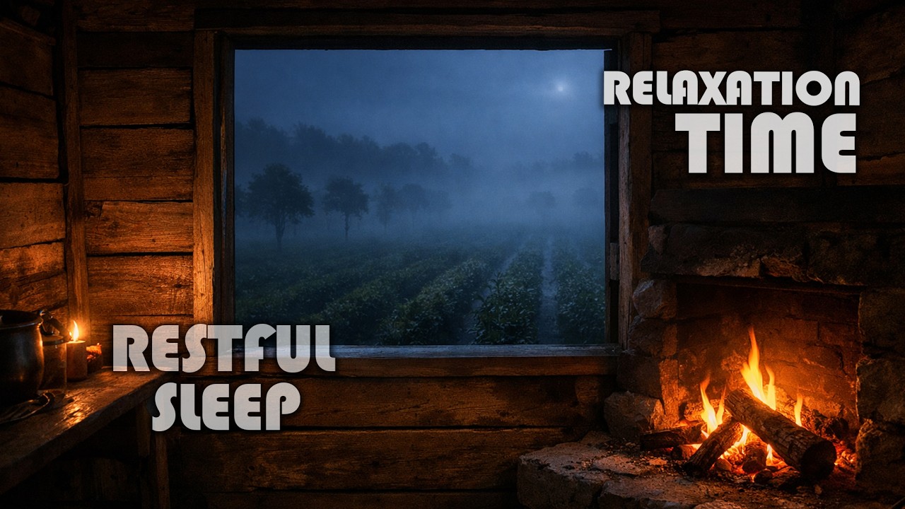 ASMR Cozy Hut in a Quiet Plantation 🌧️ Fireplace Ambience & Gentle Rain at Night | Relaxing Nature