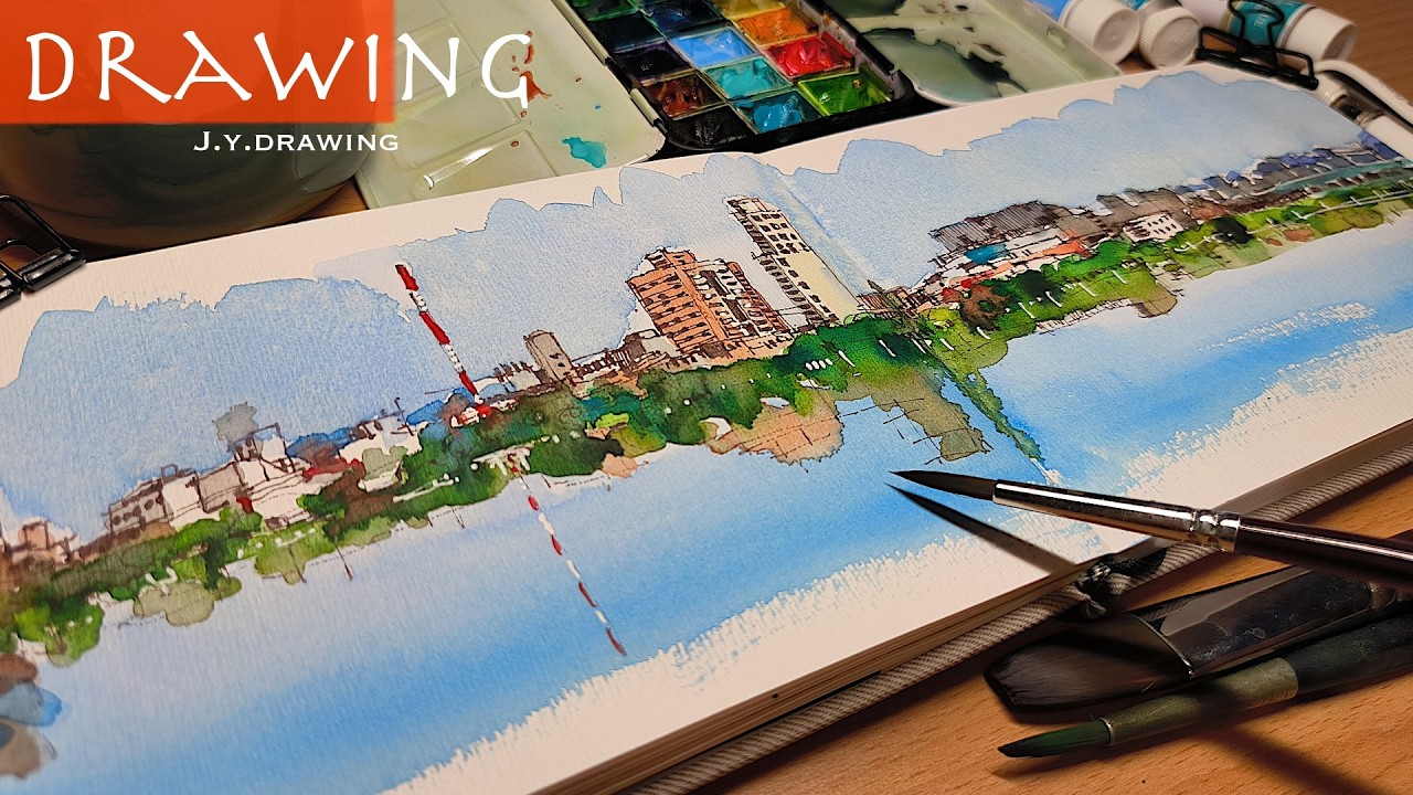 Sketch and Paint Cityscape, Landscape with Technical Pen and Watercolor Techniques | Drawing ASMR
