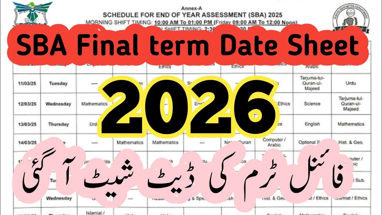 SBA date sheet 2026 final term | School Base Assessment Annual Term date Sheet 2026 | PEC 2026