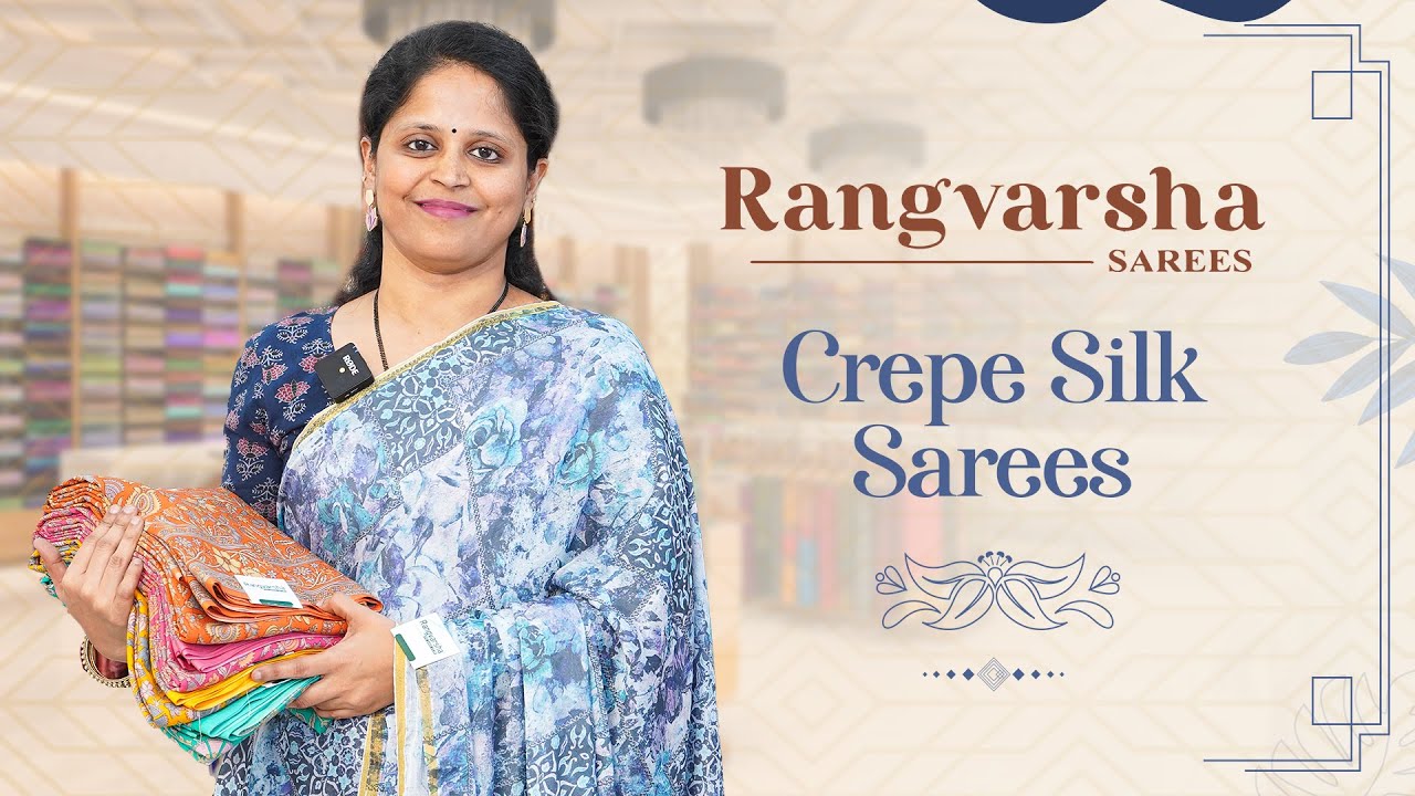 Crepe Sarees - Rangvarsha Sarees - Digital printed lightweight sarees with contrast printed blouse