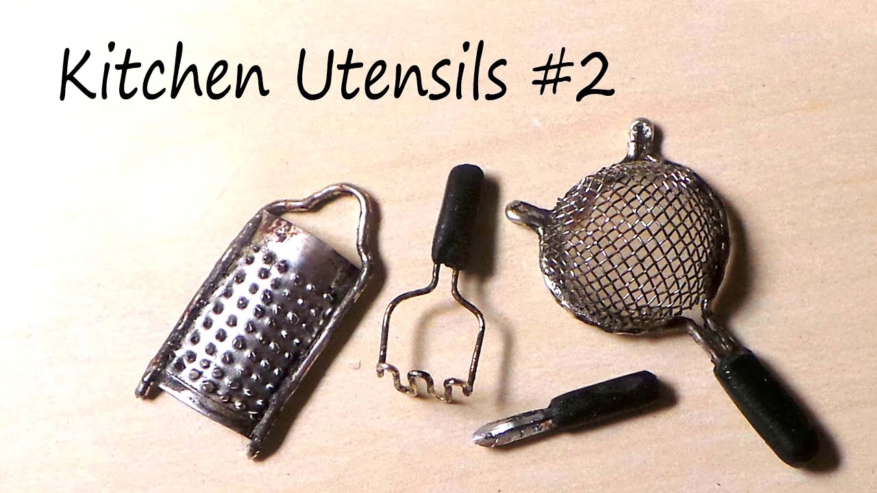 Miniature Kitchen Utensils; Cheese Grater, Strainer, Potato Peeler & Potato Masher
