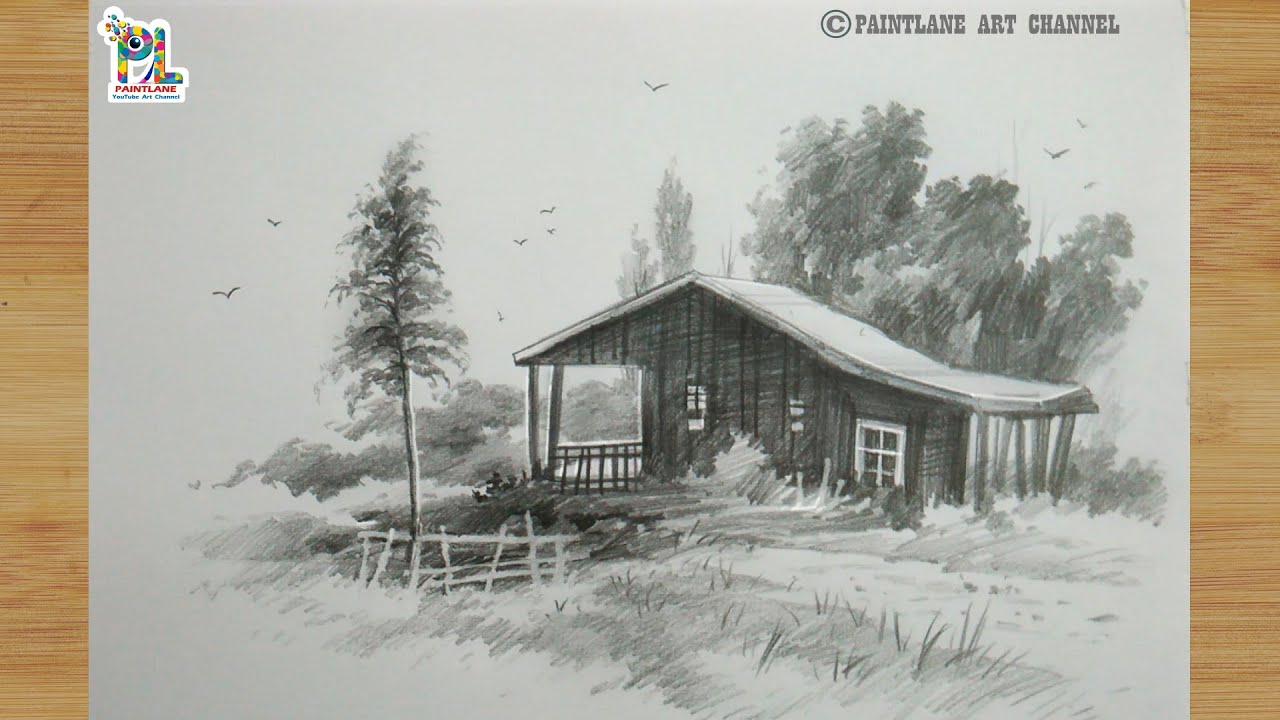 How to draw small wooden cabin house with black pencil || Pencil landscape art || PAINTLANE