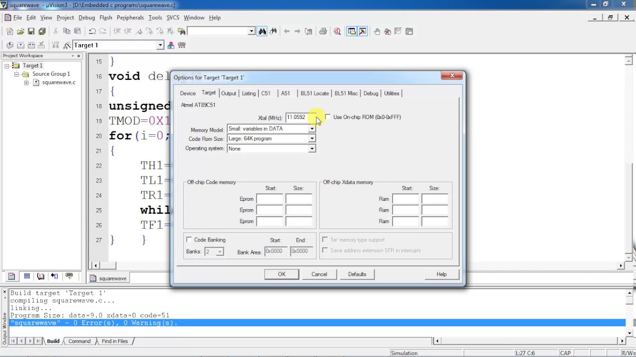 Squarewave genaration using 8051 microcontroller with Keil IDE Proteus simulation