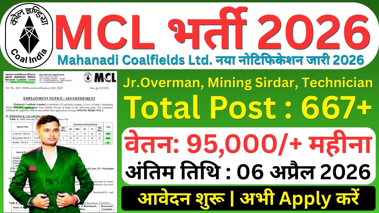 Coal India Recruitment 2026 | MCL Jr.Overman, Mining Sirdar, Technician Vacancy 2026