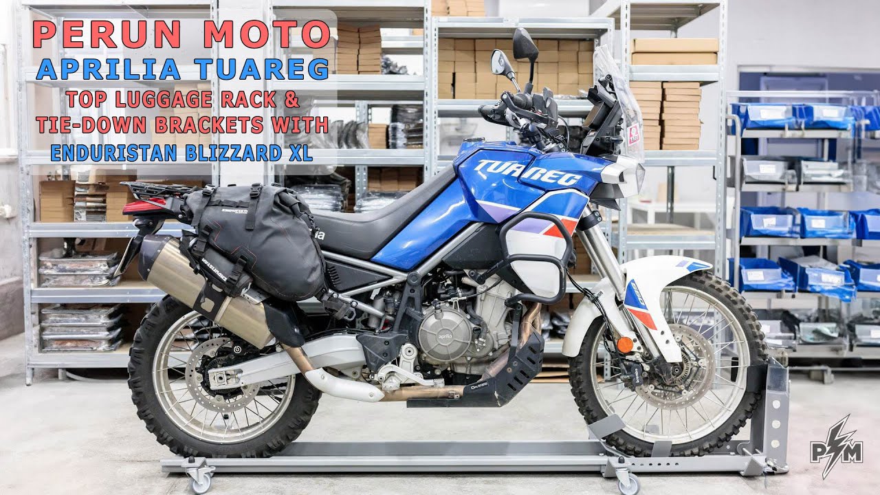 Perun moto Aprilia Tuareg Top luggage rack and Tie-down brackets with Enduristan Blizzard XL