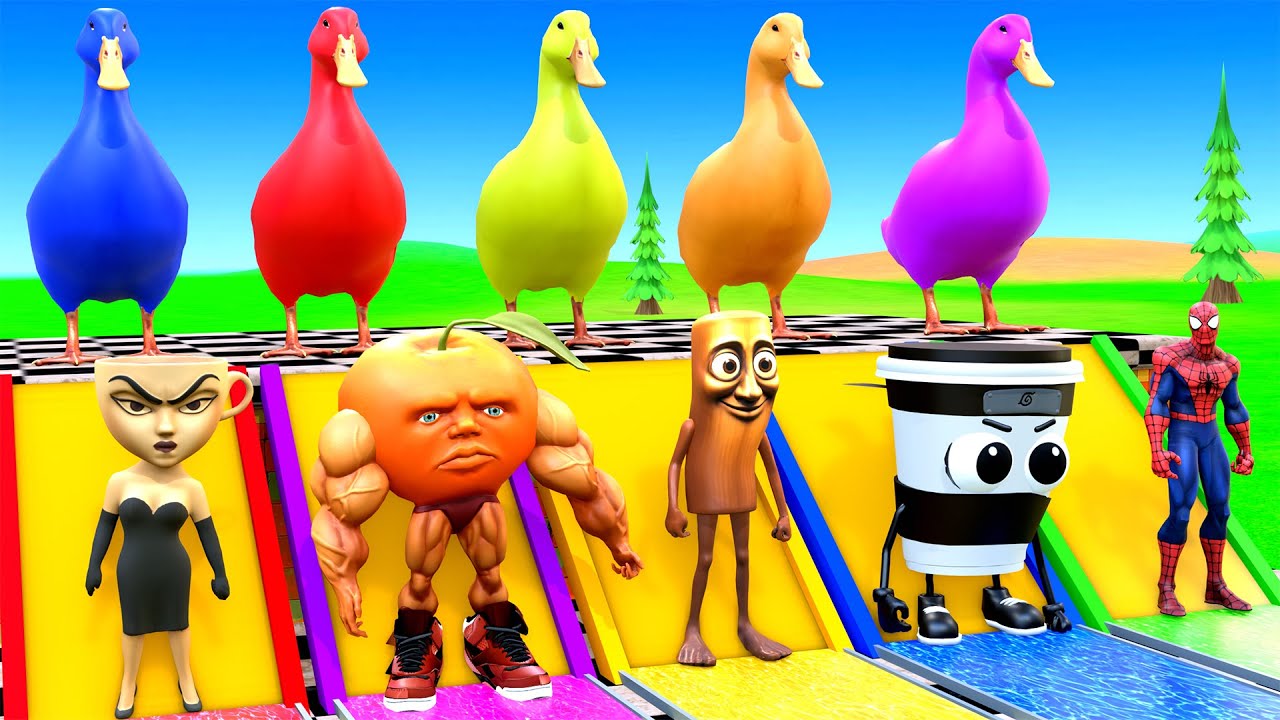 Playing as Spideman in Long Slide Game with Cow Elephant Gorilla - 3d Animal Game - Funny 3d Animals