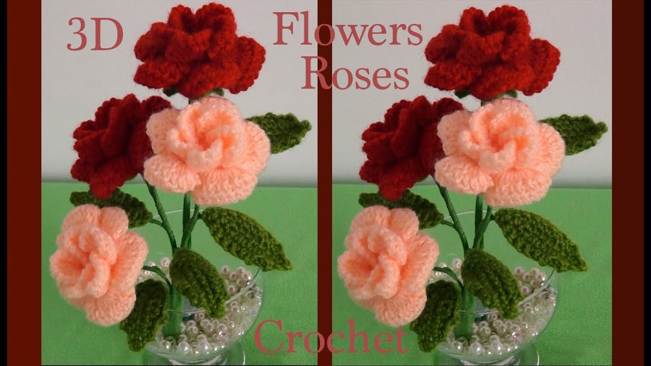 Como hacer flores rosas a Crochet en 3D con hojas y tallos tejido tallermanualperu