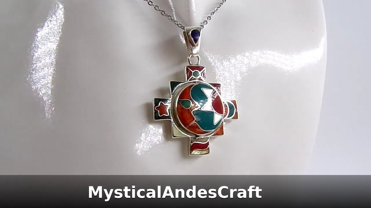Reversible Chakana 950 Silver Pendant: Inca Sun-Moon, Mother-of-Pearl & TurquoiseAndeanHandicraft