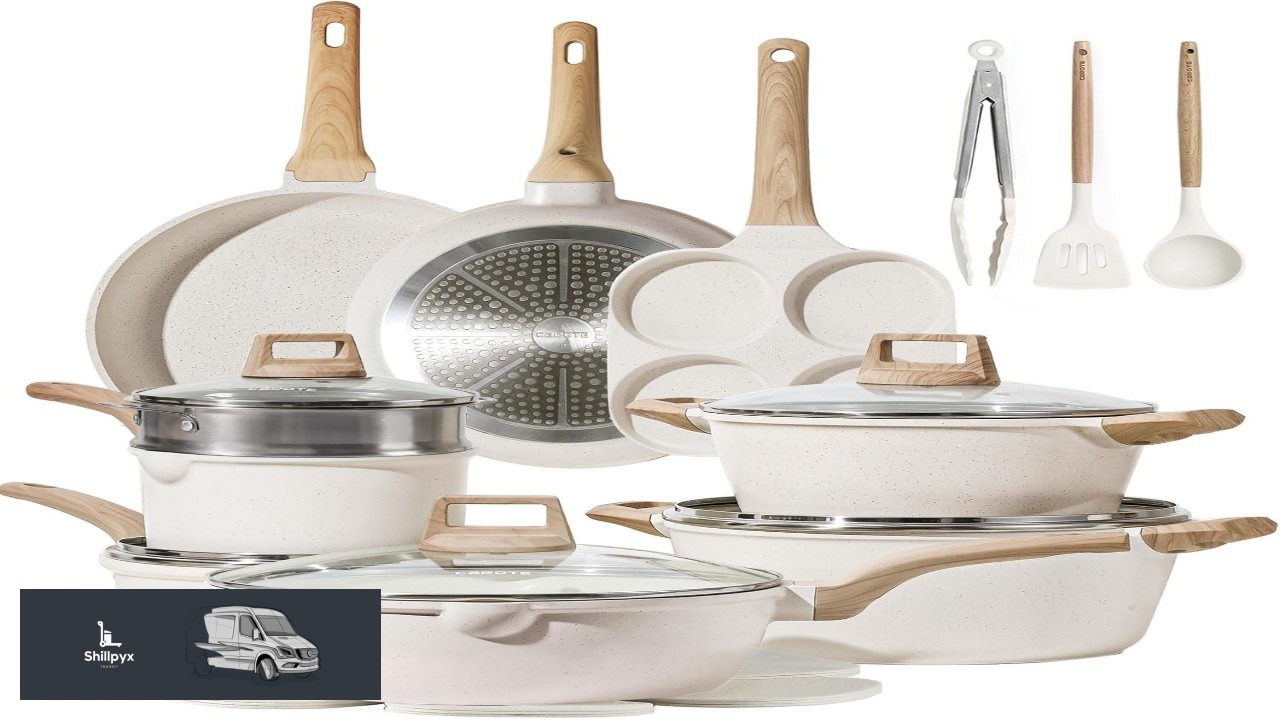 CAROTE 21Pcs Pots and Pans Set Nonstick Cookware Sets White Granite Induction