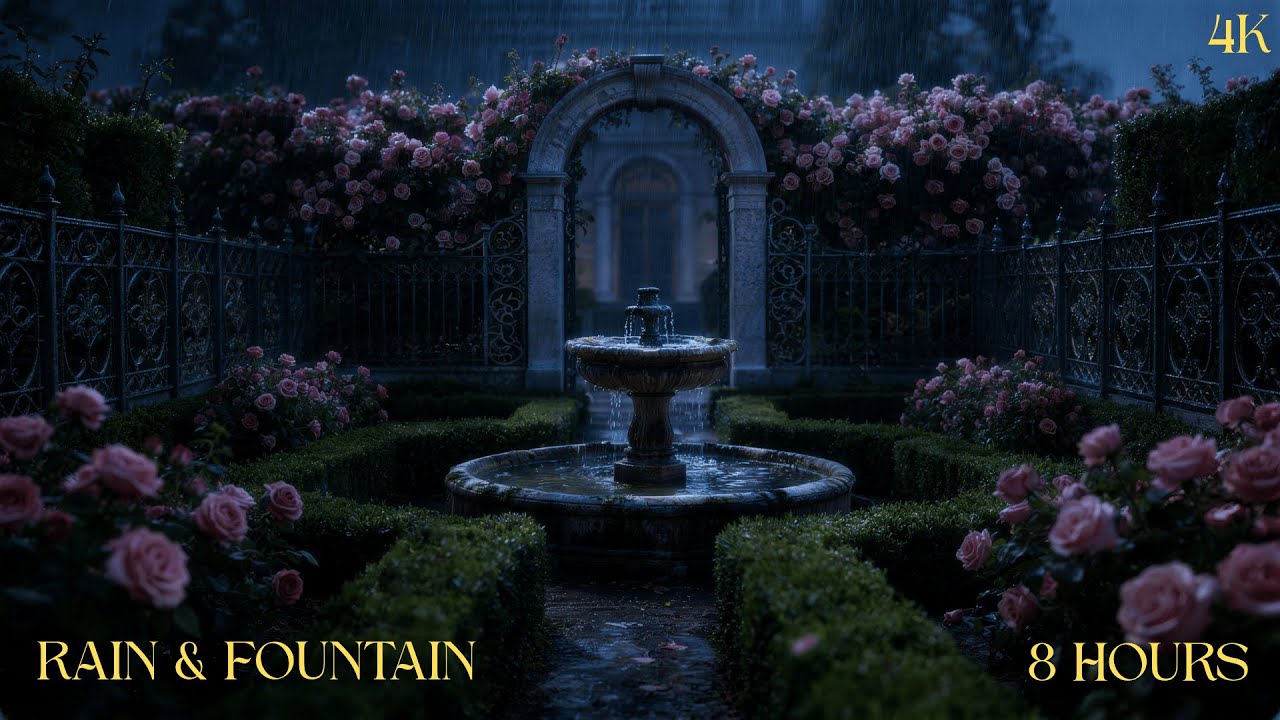 8 Hours Rain & Fountain Sounds for Sleep | 4K French Garden Ambience