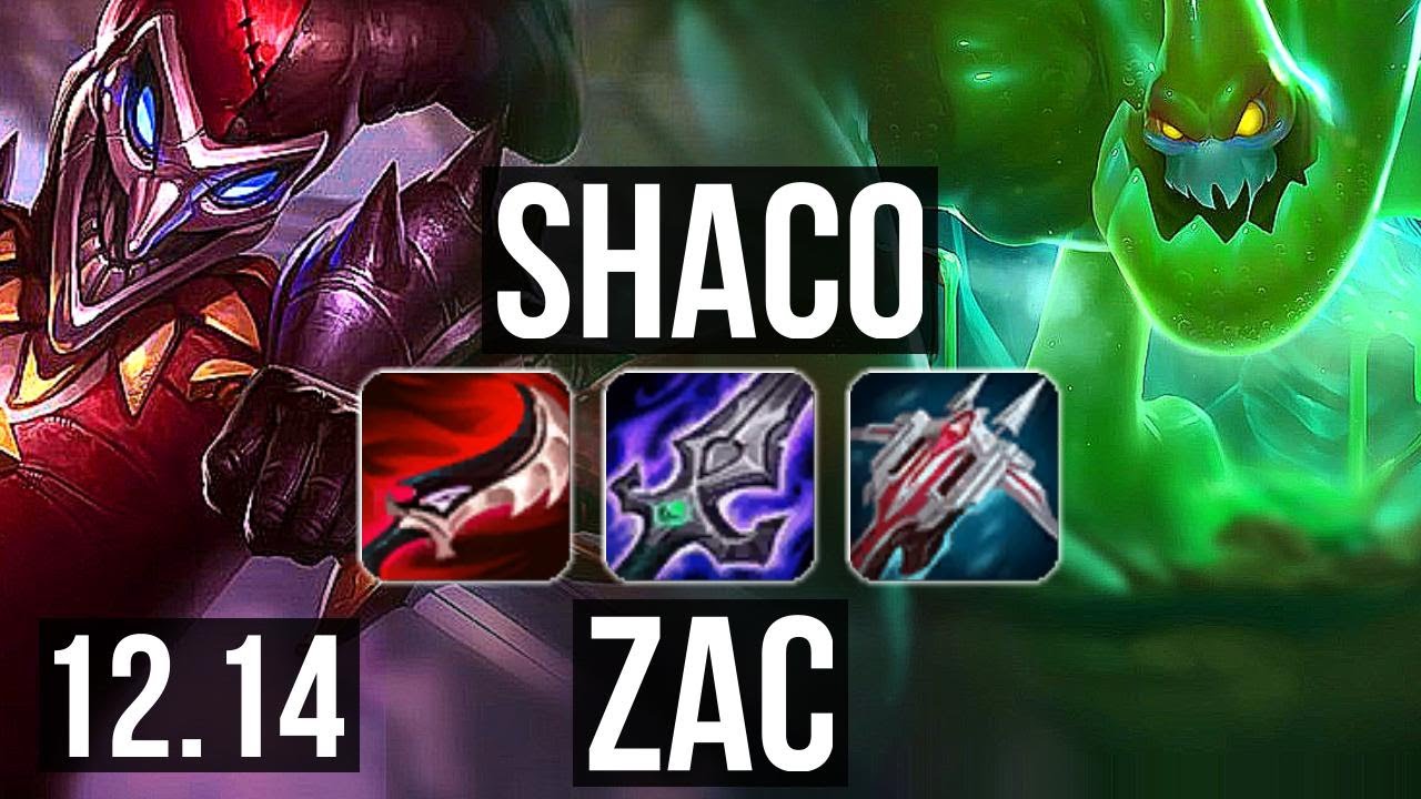 SHACO vs ZAC (JNG) | 14/0/2, Legendary, Rank 8 Shaco, 1.1M mastery, 500+ games | KR Master | 12.14