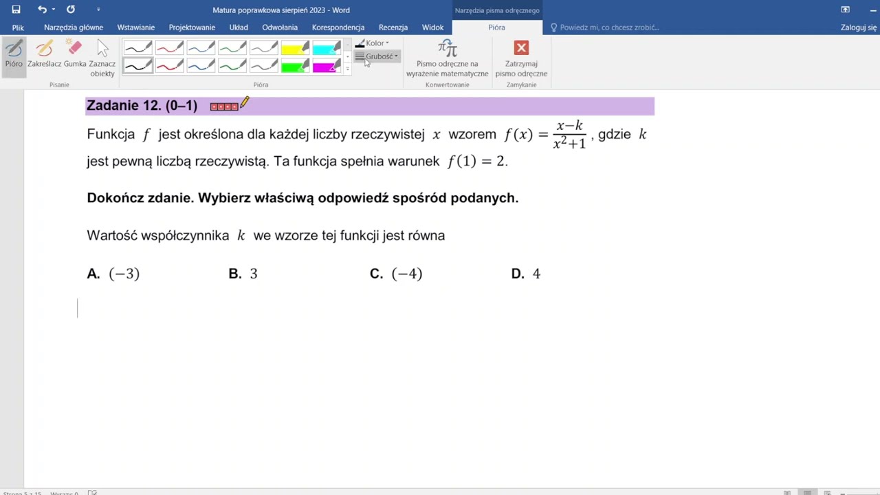 Matura poprawkowa z matematyki sierpień 2023 poziom podstawowy zadanie 12