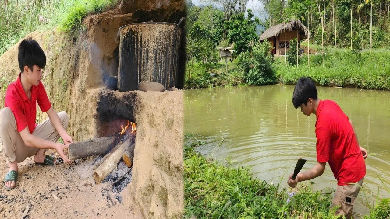 Day 3 at the farm. The boy cleared the weeds around the fish pond and cooked food for the pigs.