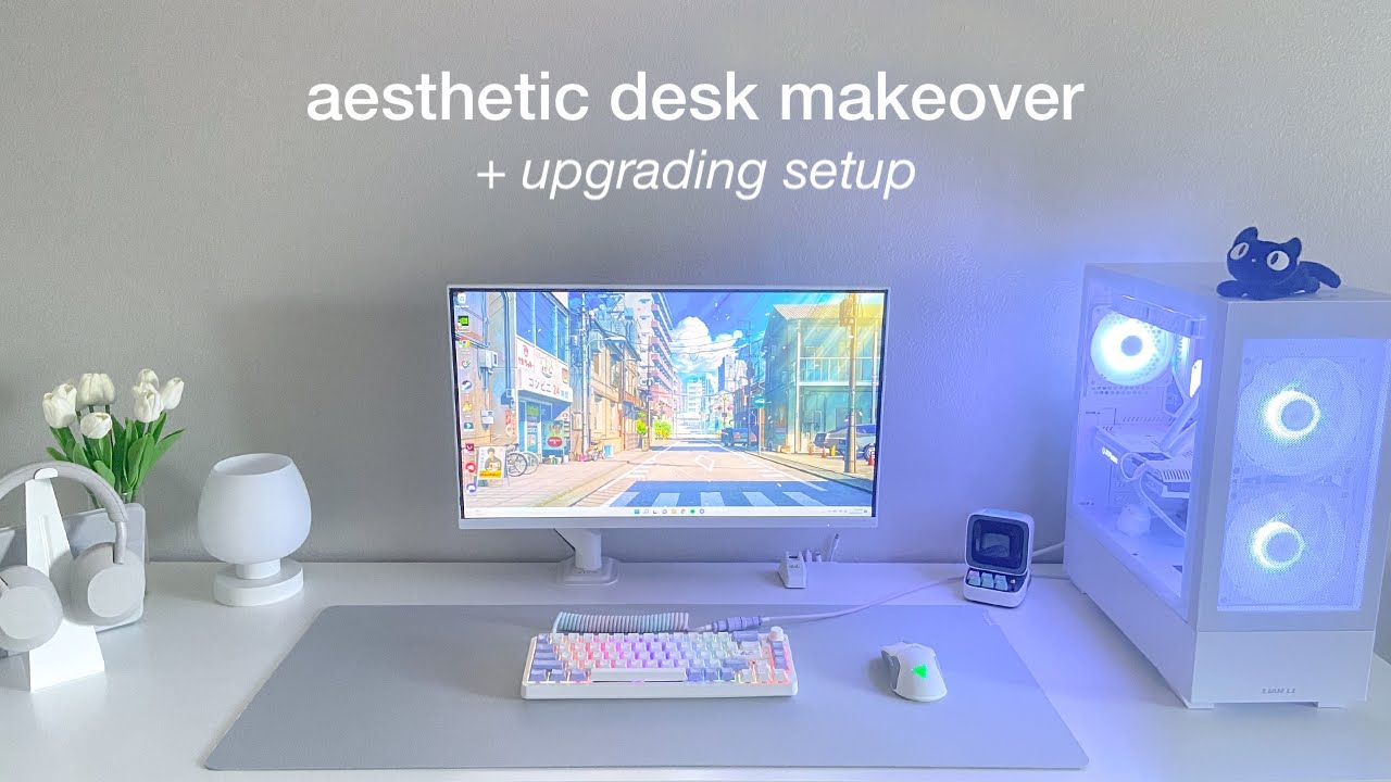 aesthetic desk makeover + setup upgrades | new monitor arm, ikea desk, headphone stand