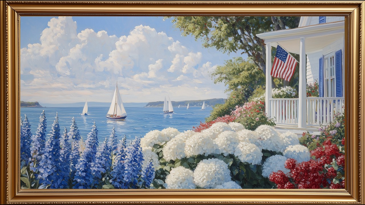 Patriotic Coastal Oil Painting | Silent Ambient Display | No Music No Ads | Gold Frame TV Art 4K