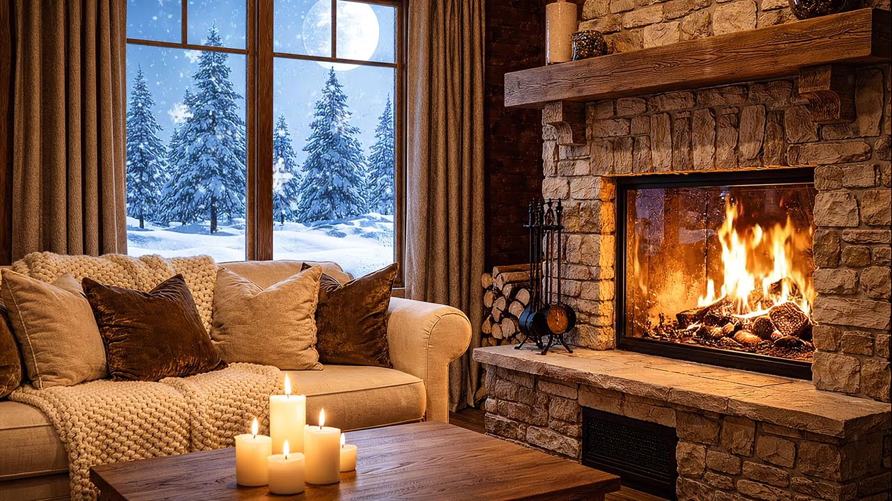 Rustic Stone Fireplace 🔥❄️ | Peaceful Winter Ambience with Soft Candlelight