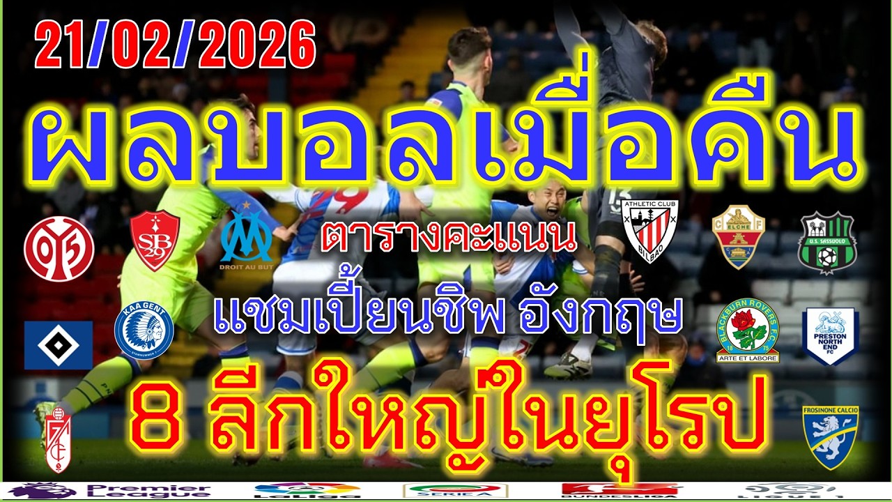 ผลบอลเมื่อคืน/ลาลีกา/เซเรียอา/บุนเดสลีกา/ลีกเอิง/เอเรอดีวีซี่/ไทยลีก/21/2/2026