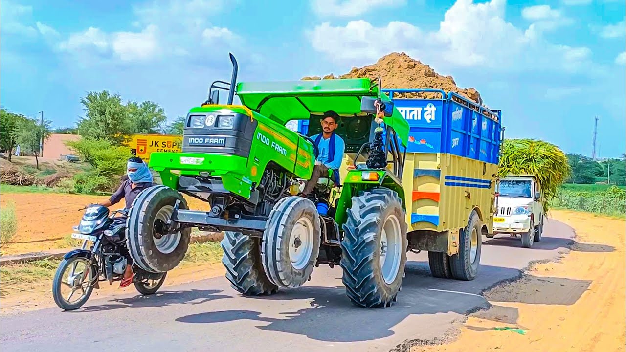 INDO FARM TRACTOR/INDO FARM 3055 NV FULL LODING HEAVY LOAD TROLLA PULLED IN THE ROAD TESTING DEMO