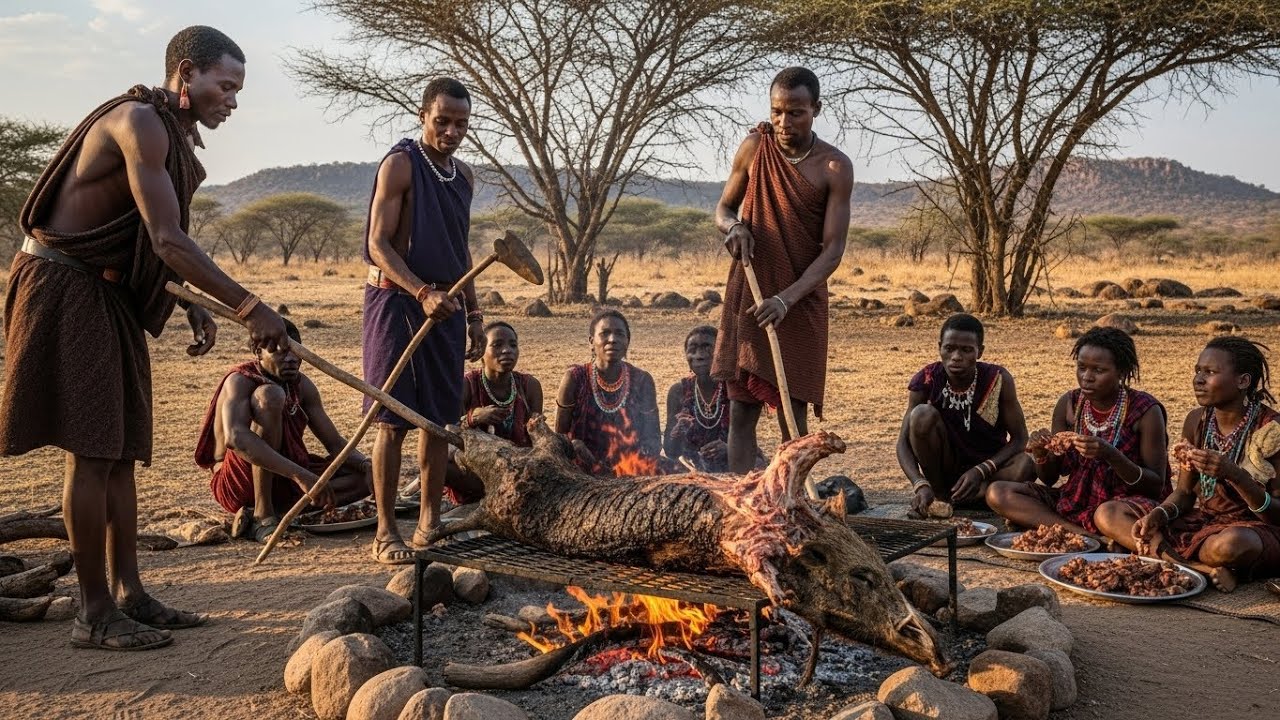 Hadzabe Tribe Hunting Successfully Wild Boar In The Hadza Land | Traditional Cooking Methods