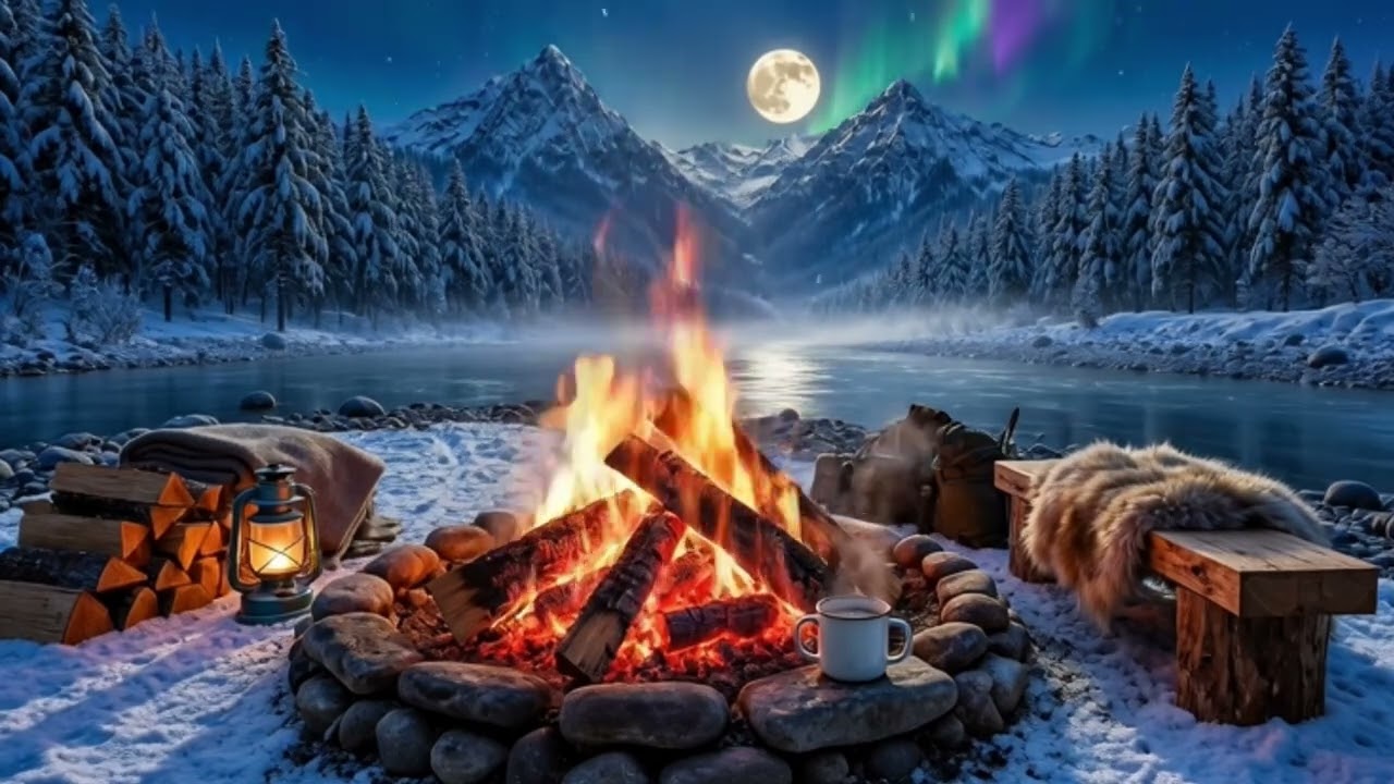 Cozy Outdoor Fireplace by the River 🔥 Winter Camping Ambiance with Crackling Fire & Snow | 12 Hours