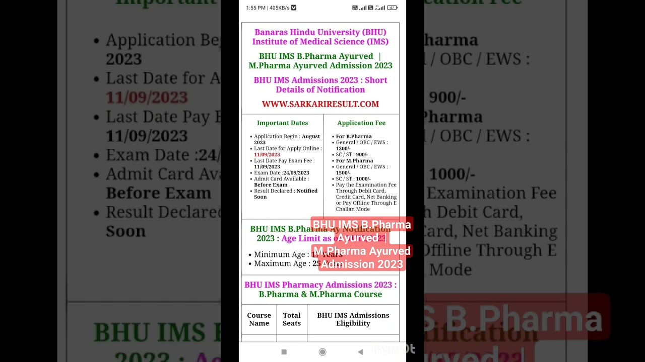 BHU IMS B.Pharma Ayurved &nbsp;| M.Pharma Ayurved Admission 2023