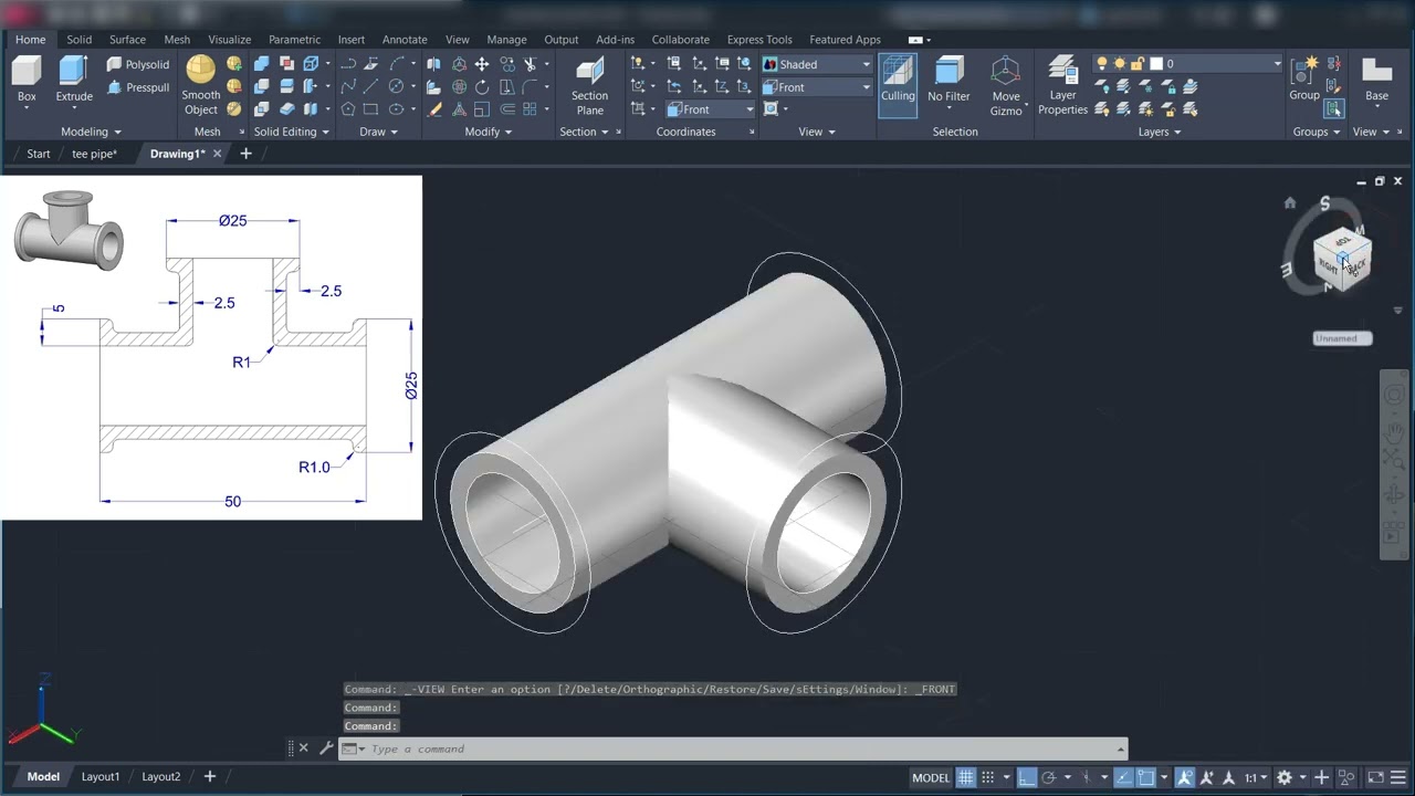 AutoCAD 3D Tee Pipe Fitting