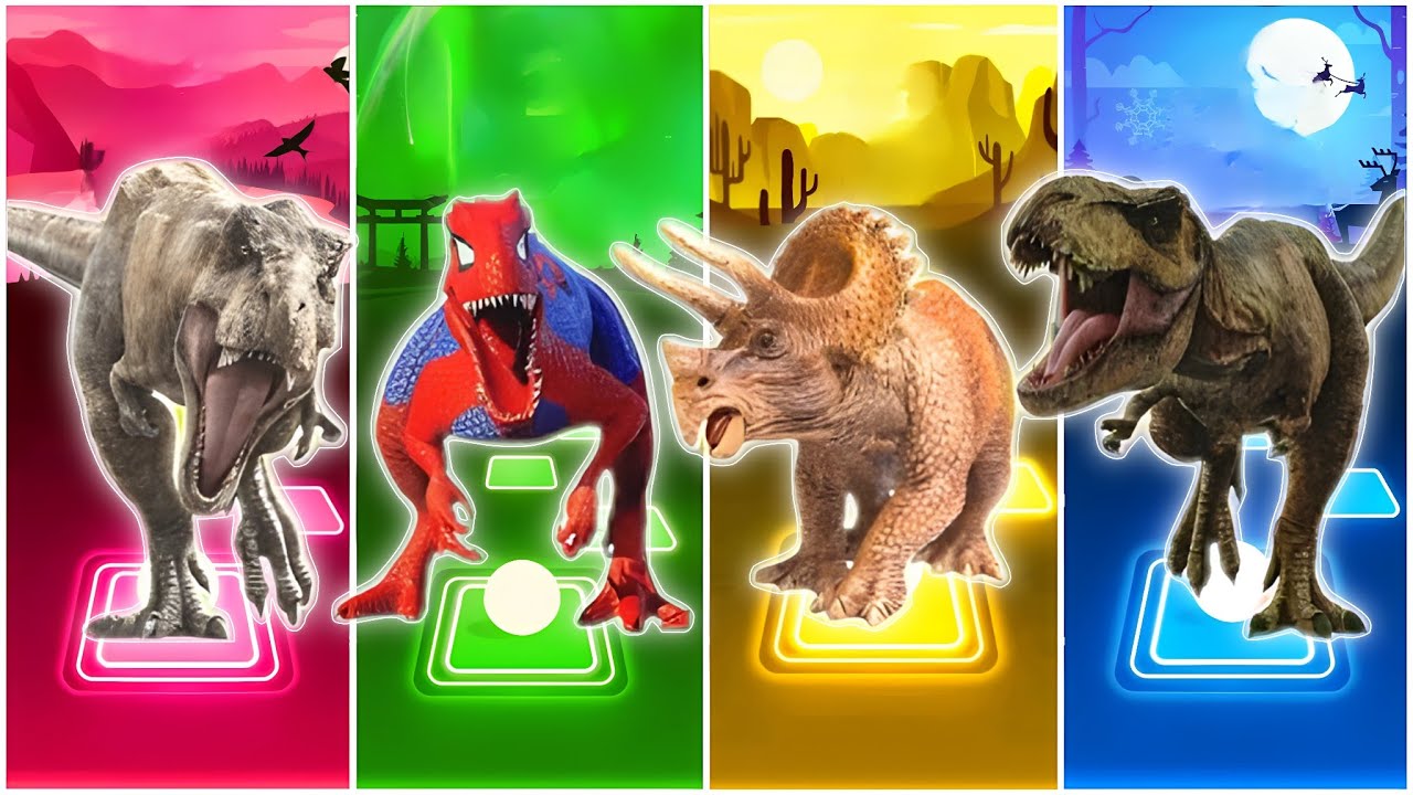 Jurassic World Tyrex🆚IndomusRex🆚Triceratops🆚Tyrannosaurus || Coffin Dance Song Tiles Hop EDM Rush