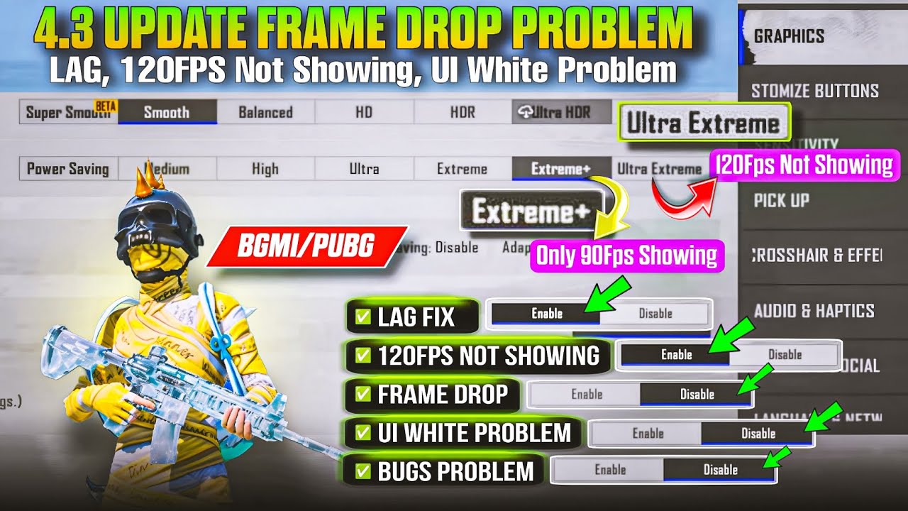 4.3 UPDATE FRAME DROP PROBLEM Fix in BGMI PUBG ✅ LAG Fix, 120FPS Not Showing, UI White Problem