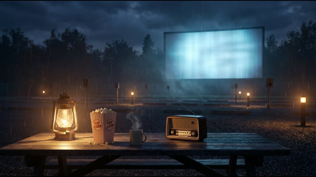 🌙 Nostalgic Drive-In Theater Night – 🎷 Rainy Jazz Ambience