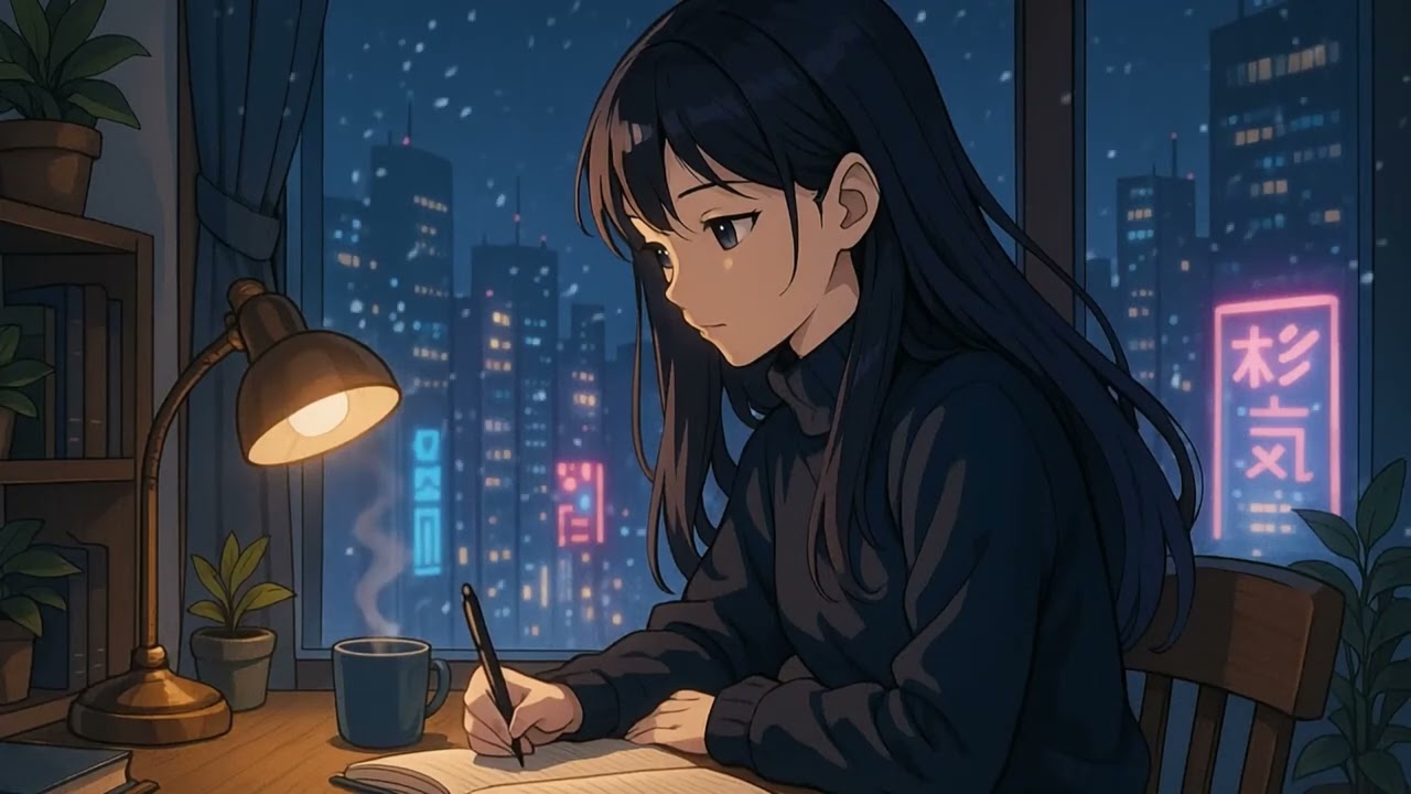 12 Hours Cozy Winter Anime Lofi | Airi Mizuno Study Night in Neo-Tokyo (Snowy Ambience)