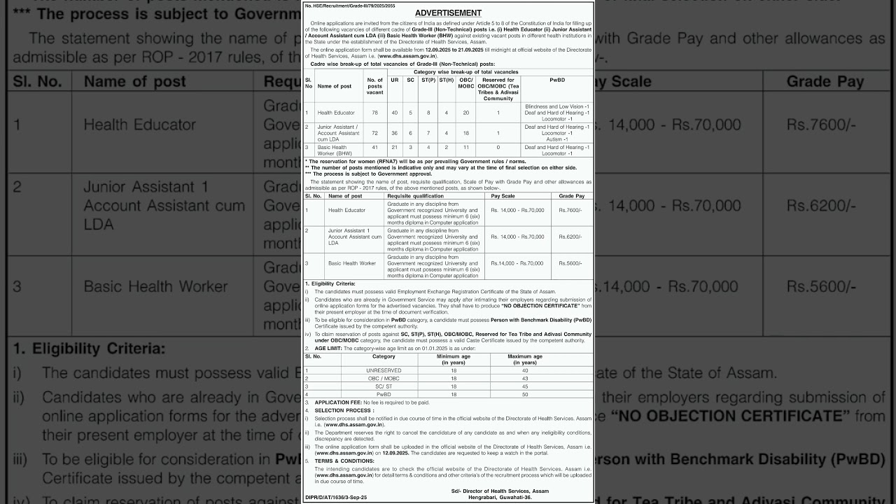 DHS Assam Recruitment 2025 &ndash; Apply Online for 191 Grade-III Posts