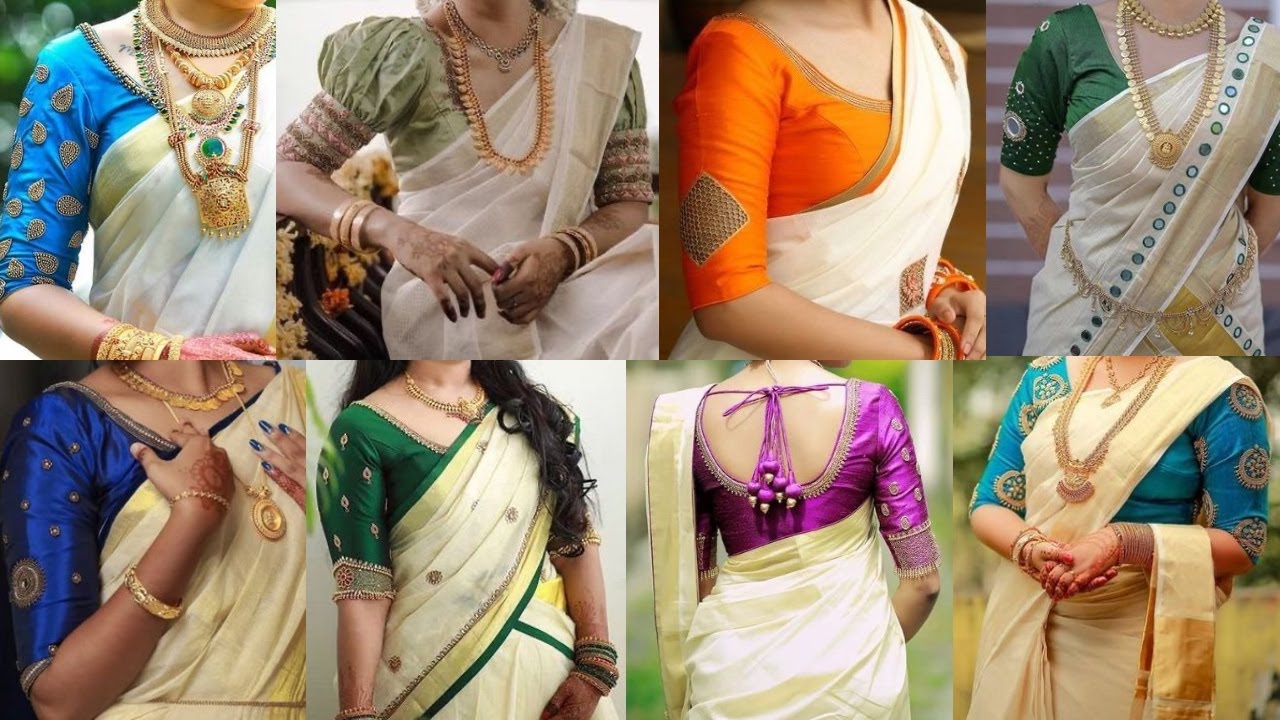 Kerala White sarees with contrast blouse ideas, Kasavu sarees