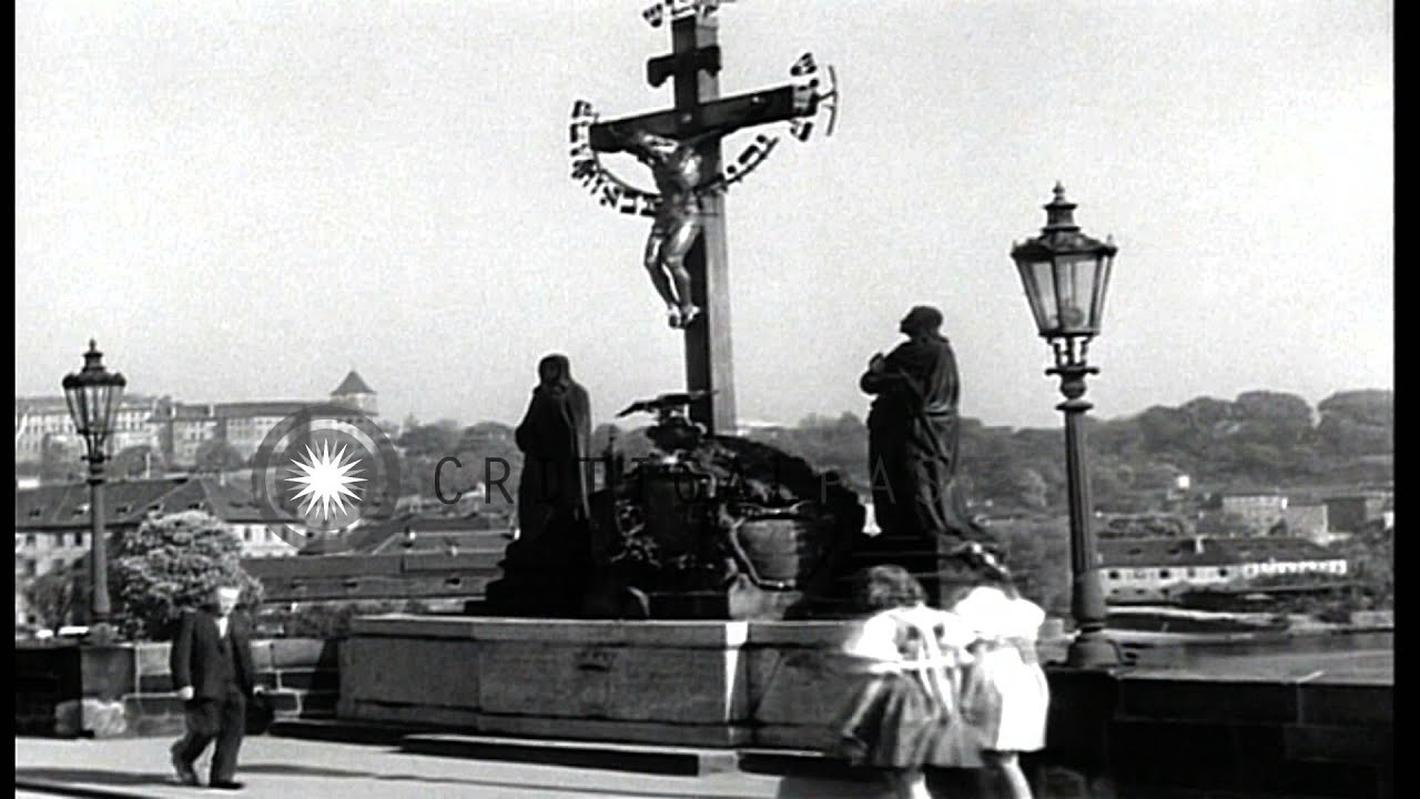 A crucification statue on th Karlsbrucke Bridge (Charles Bridge) in Prague, Czech...HD Stock Footage