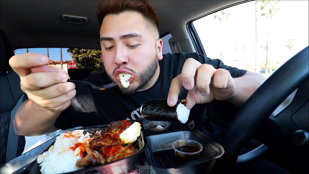 Ono Hawaiian BBQ MUKBANG Spam Musubi & Bqq Chicken & Beef