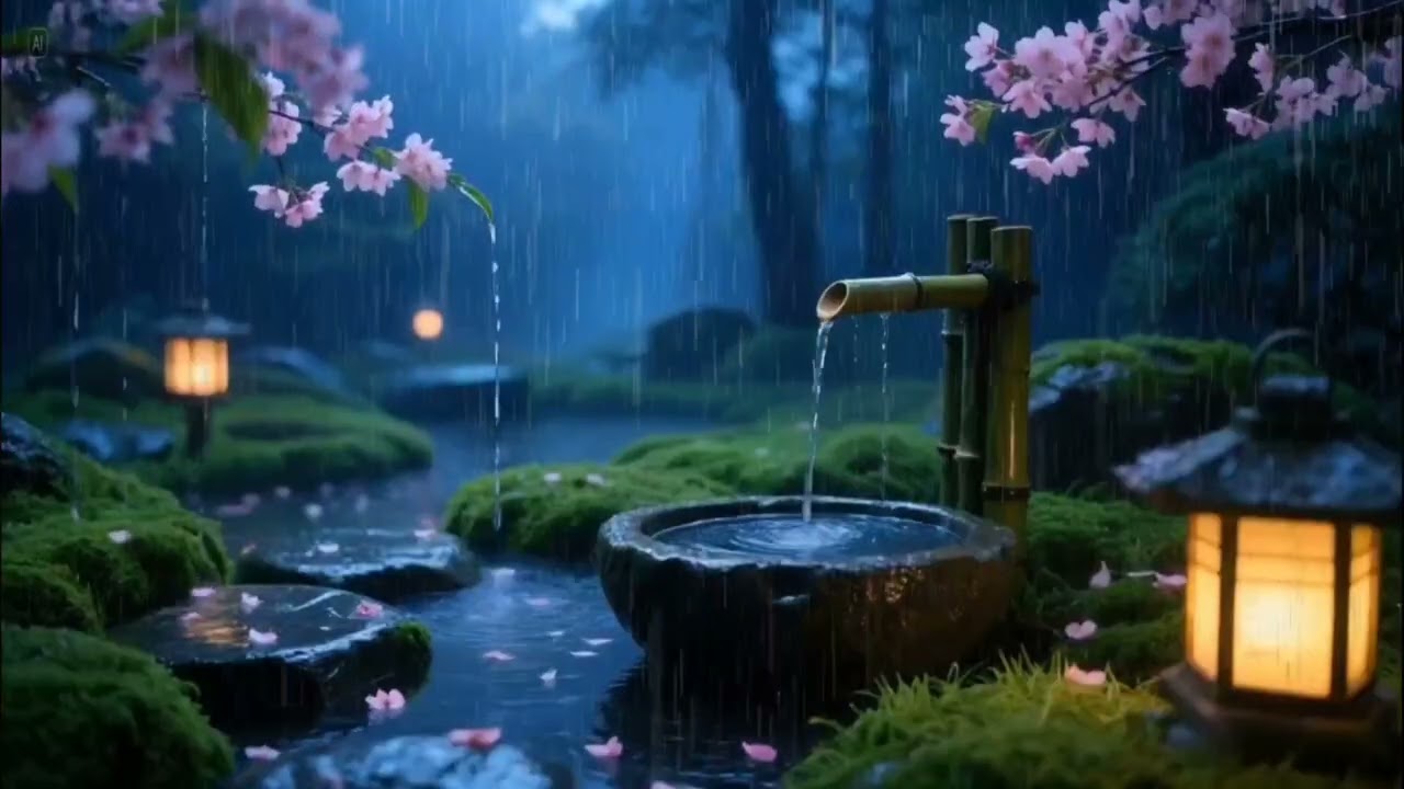 Soft Midnight Rain and Peaceful Piano in a Zen Garden | Relaxing Sleep