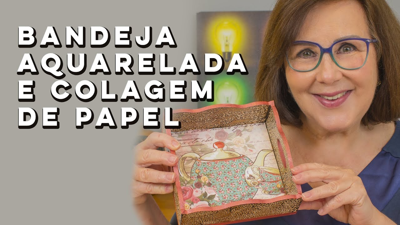 Bandeja com PVA Aquarelado e colagem de papel com Vidro Decor