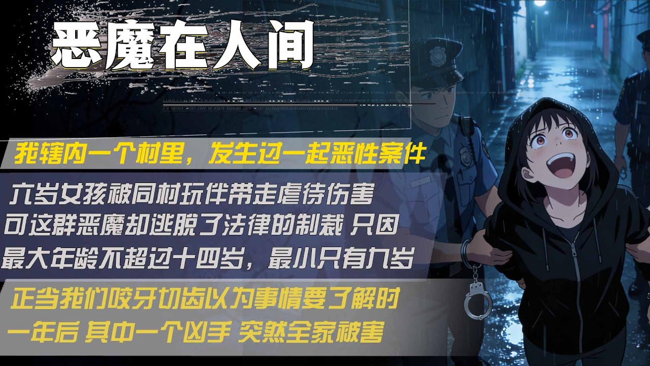我轄內一個村裏，發生過一起惡性案件，六歲女孩被同村玩伴帶走虐待傷害，可這群惡魔卻逃脫了法律的制裁 只因，最大年齡不超過十四歲，最小只有九歲，正當我們咬牙切齒以為事情要瞭解時，一年後 其中一個兇手