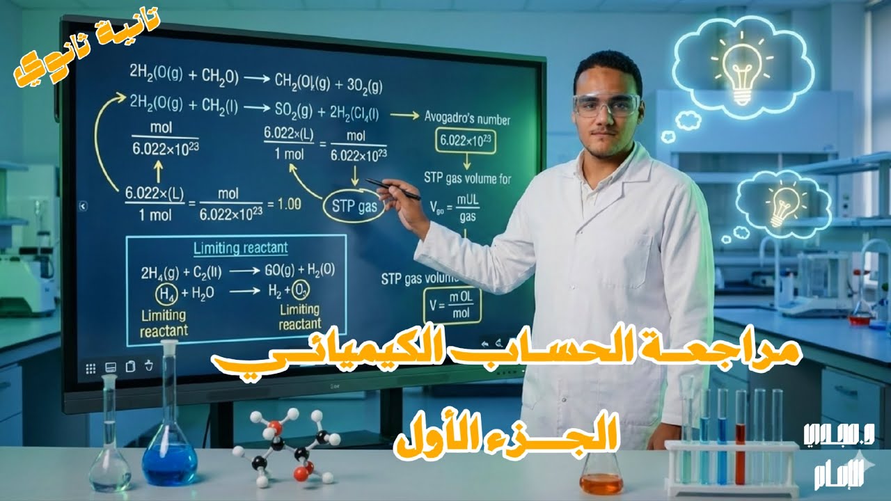 مراجعة الحساب الكيميائي ج١ | كيمياء تانية ثانوي 2026 - المول وأڤوجادرو والحجم والعامل المحدد