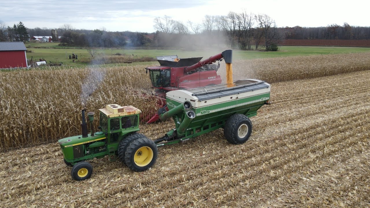 Case IH 9250 Combine Harvesting Corn With John Deere 6030 Running Grain Cart