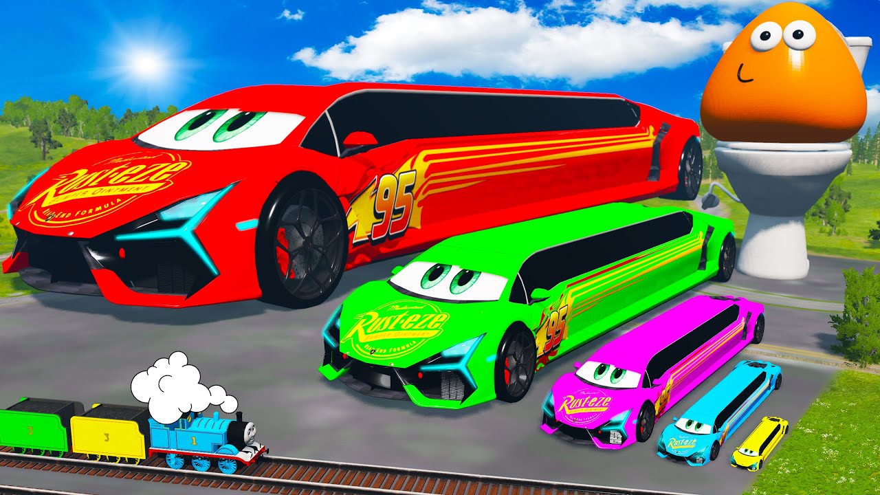 Big & Small Long Lamborghini Mcqueen VS Trains Thomas - Funny Cars vs Fat Cars | BeamNG.drive