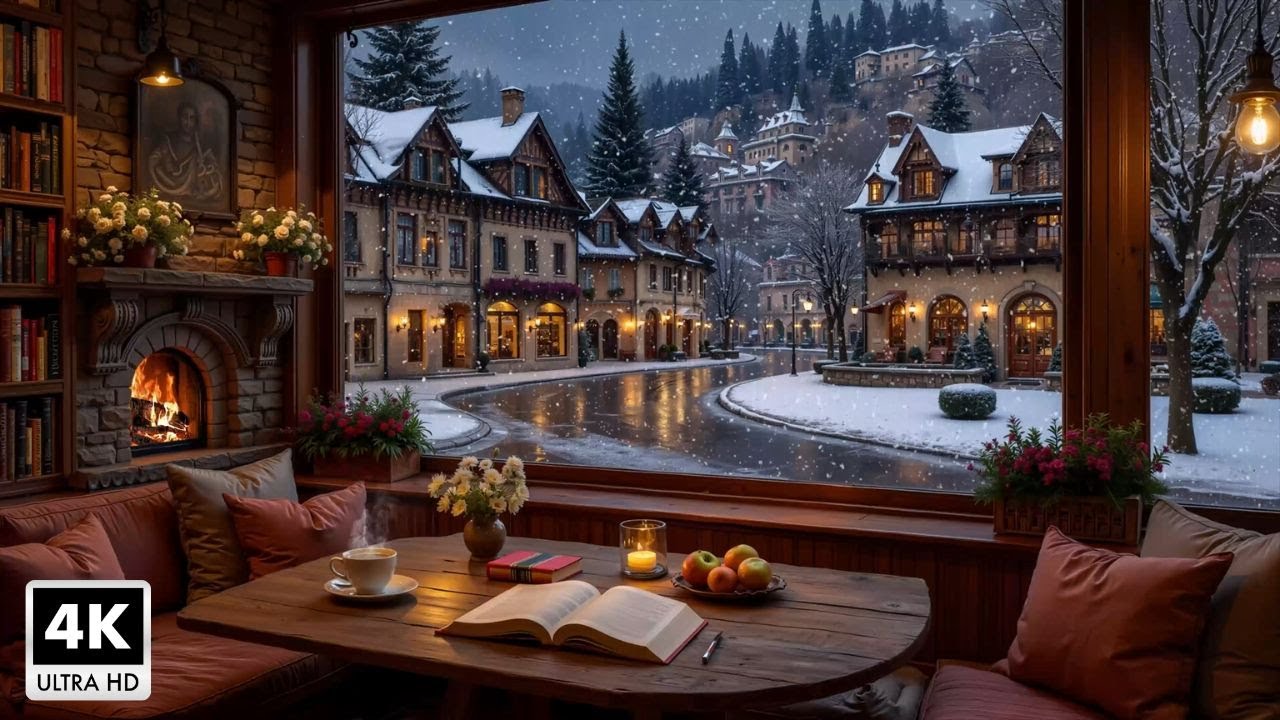 Cozy Jazz Cafe on a Beautiful Winter Day ~ Smooth Jazz Piano & Fireplace Crackling for Study, Work