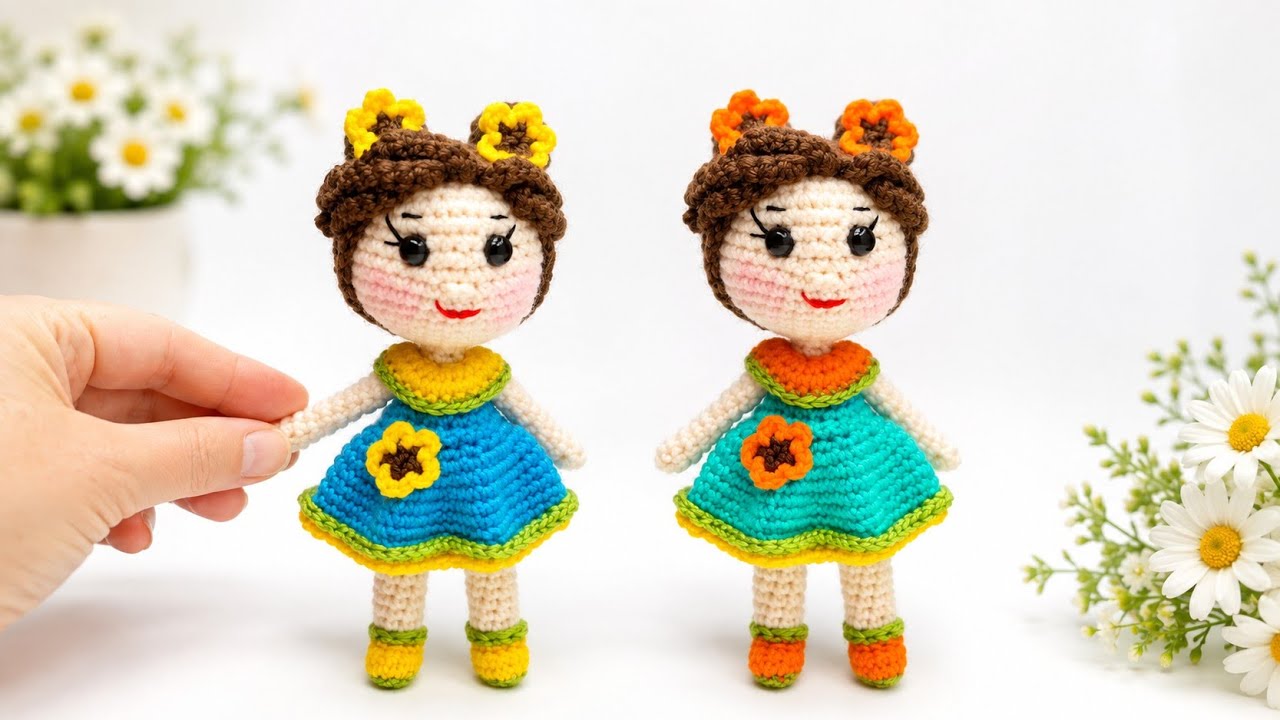 🌻 Zr&oacute;b na szydełku lalkę w niebieskiej sukience z kwiatami #szydełkowanie #amigurumi #samouczek