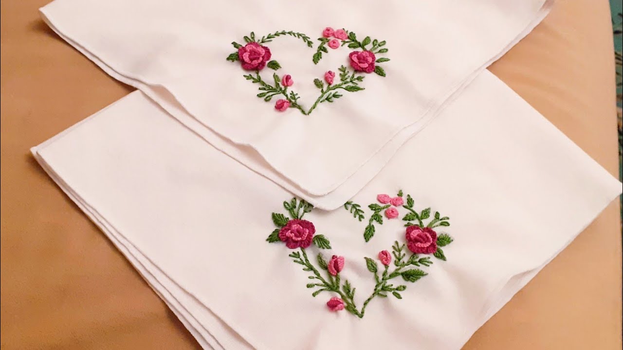 Hand embroidery| Floral heart embroidery| Floral heart embroidery for napkins| Brazilian embroidery
