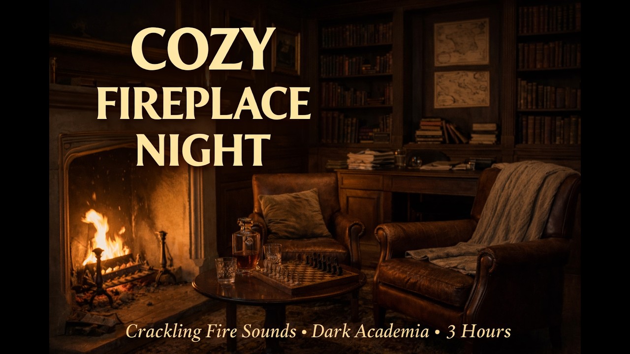 🔥 3 Hours Cozy Fireplace Ambience | Rain Outside • Dark Academia Study Room • Relax, Study, Sleep