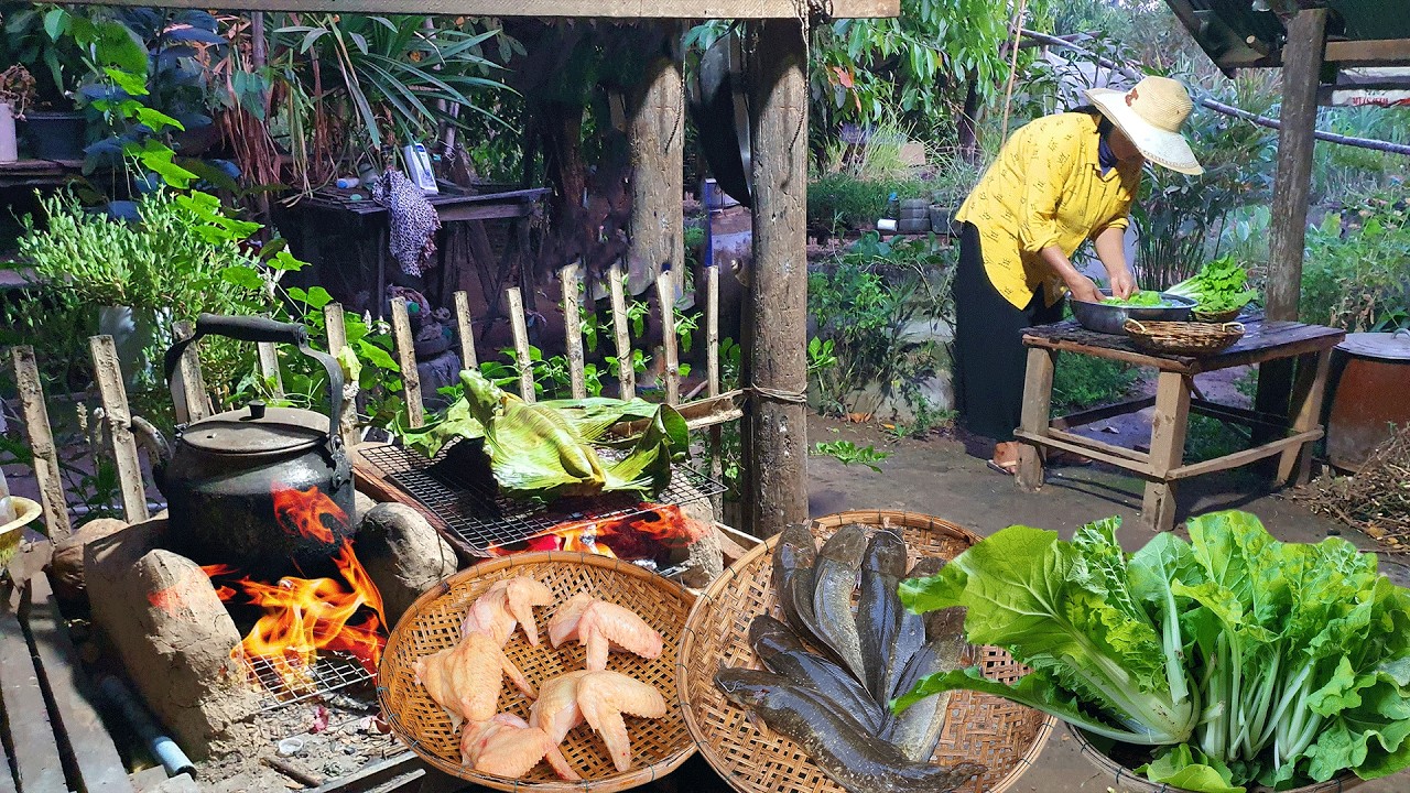 Traditional Village Life | Cooking Fresh Fish, Chicken Wings & Organic Vegetables in the Countryside